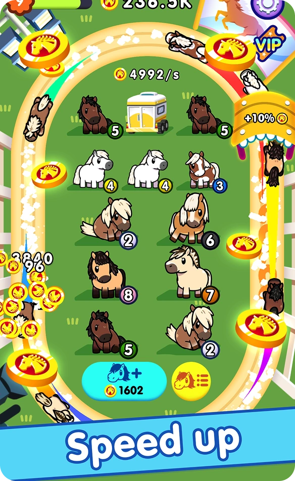 écran de progression et accélération des gains dans Idle Horse Racing