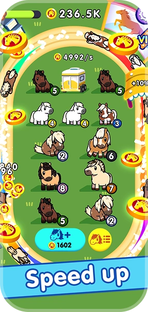 écran de progression et accélération des gains dans Idle Horse Racing