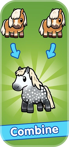 gameplay Idle Horse Racing montrant la fusion de chevaux pour en créer un nouveau