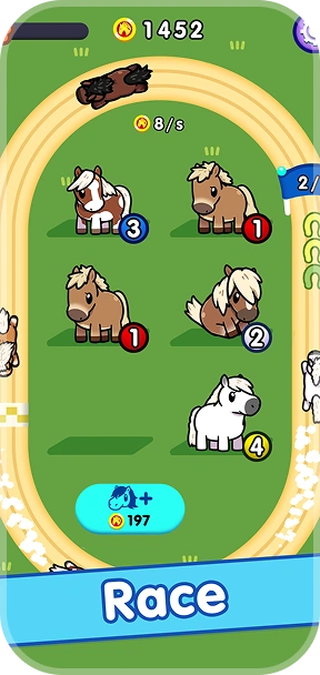 écran de course dans Idle Horse Racing avec plusieurs chevaux sur la piste